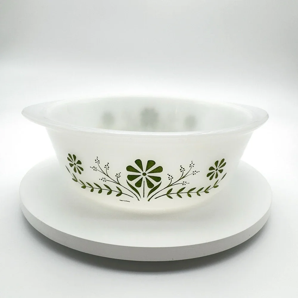 Glasbake Casserole Serving Dish Green Daisy Milk Glass No Lid Vintage 1.5 qt